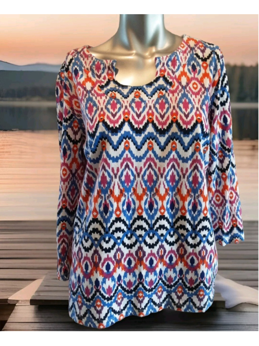 RUBY RD-Flamestich Blues, Pink, Orange Top Cotton Stretch Fall Colors Sz L